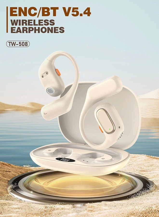 Beige Bone Conduction Wireless Earphones  Type-C interface charging,BT5.4 full upgrade,lossless transmission more faster.Active noise reduction,binocular bilateral clear call,a new upgrade stereo dual channelThe LED power supply shows the battery level.Compatible with iphone,ipad,most Android devices - Image 2